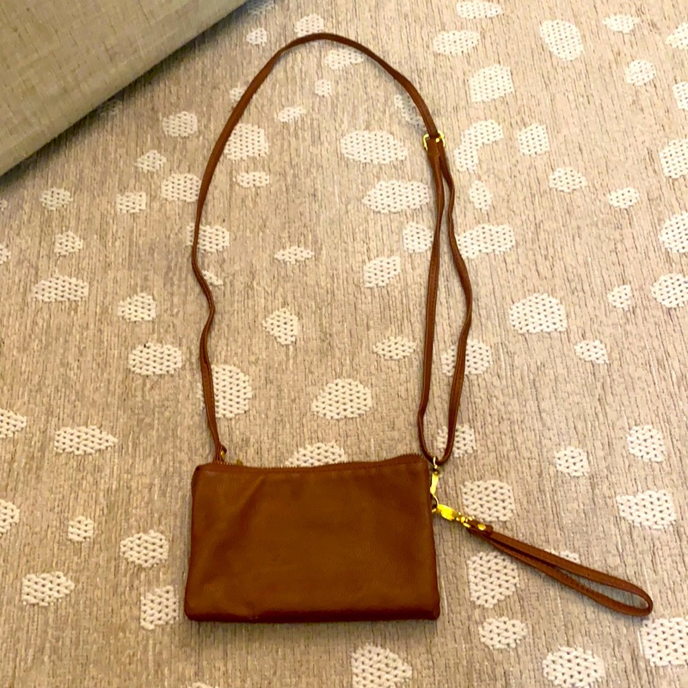 Brown leather crossbody or wristlet